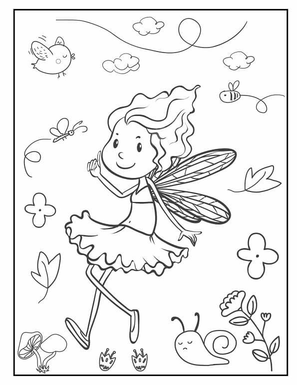 Free printable cute cartoon fairy in a magical meadow coloring page for kids. Download PDF.
