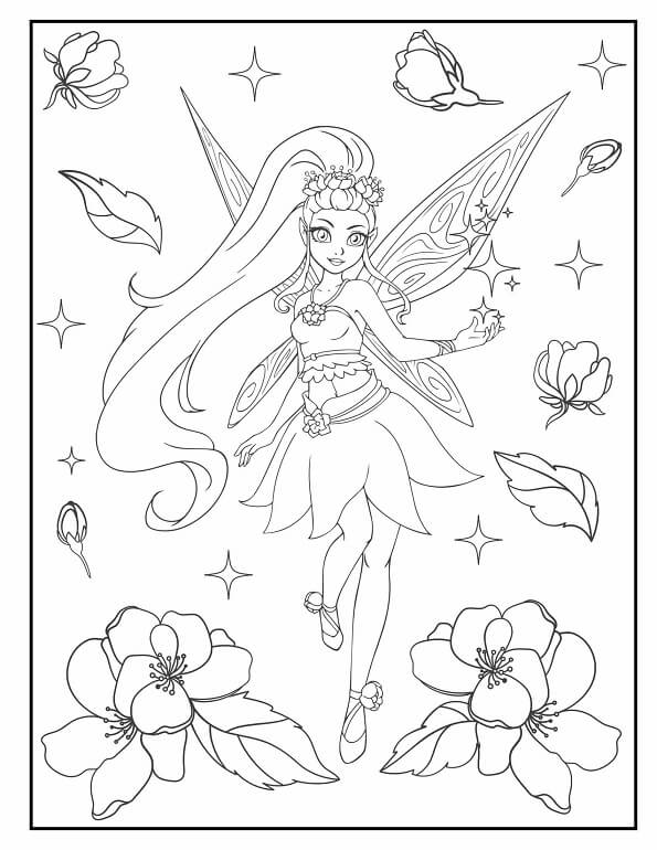 Free printable elf fairy with sparking flowers coloring page for kids. Download PDF.
