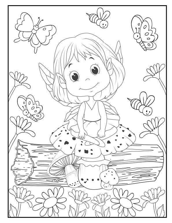 Free printable elf girl sitting on a log with flowers and bees fairy coloring page for kids. Download PDF.
