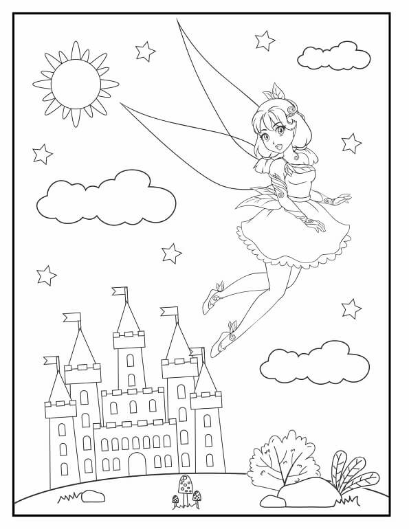 Free printable enchanting fairy and fantasy palace coloring page for kids. Download PDF.