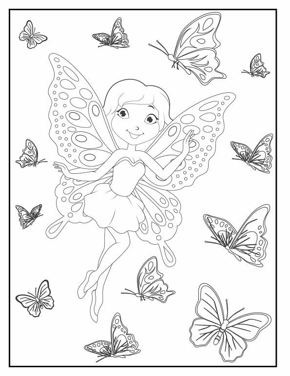 Free printable fairy flying surrounded by butterflies coloring page for kids. Download PDF.