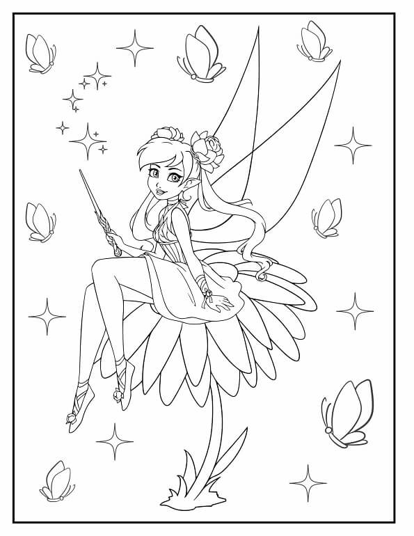 Free printable fairy princess sitting on a daisy coloring page for kids. Download PDF.