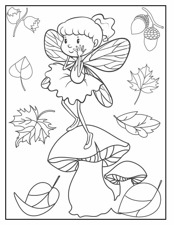Free printable fairy standing on a mushroom with autumn leaves coloring page for kids. Download PDF.