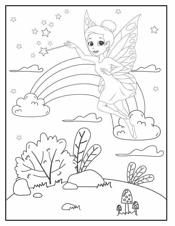 Free printable fairy with a magic wand flying over a rainbow coloring page for kids. Download PDF.