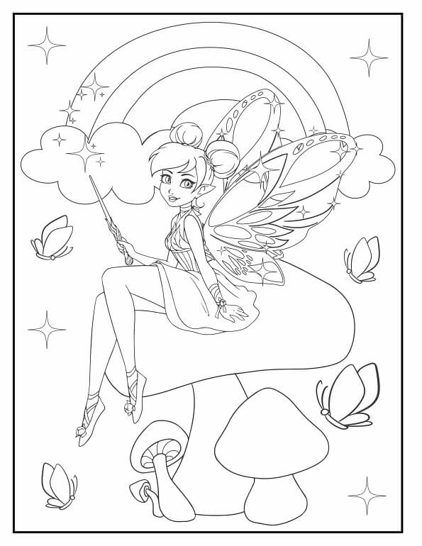 Free printable fairy with magic wand and rainbow coloring page for kids. Download PDF.