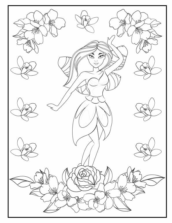 Free printable graceful elf dancing in the garden fairy coloring page for kids. Download PDF.