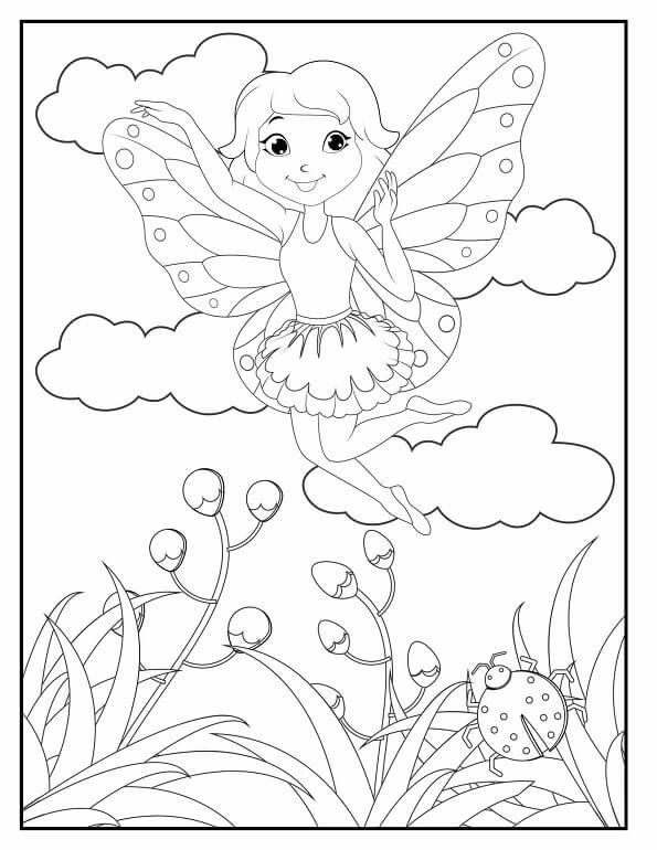 Free printable happy fairy flying over garden buds and a ladybug coloring page for kids. Download PDF.