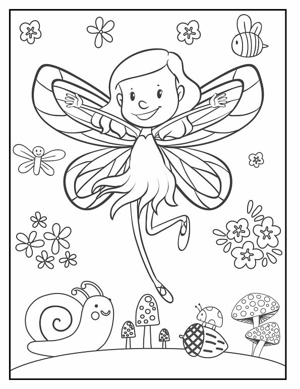 Free printable happy little fairy with forest friends coloring page for kids. Download PDF.