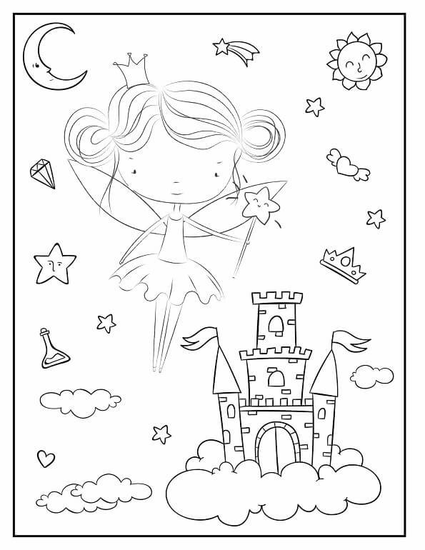 Free printable little fairy princess with a castle in the clouds coloring page for kids. Download PDF.
