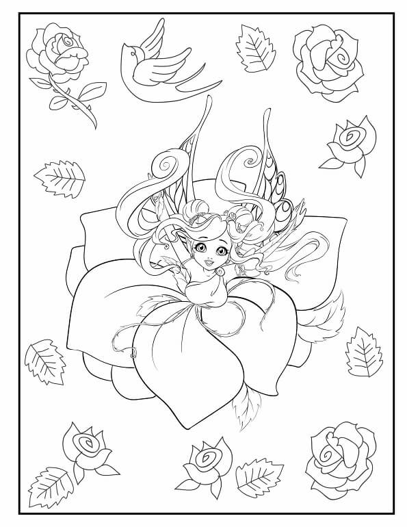 Free printable little fairy sitting in a rose coloring page for kids. Download PDF.