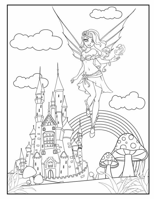 Free printable magical fairy flying over the castle coloring page for kids. Download PDF.
