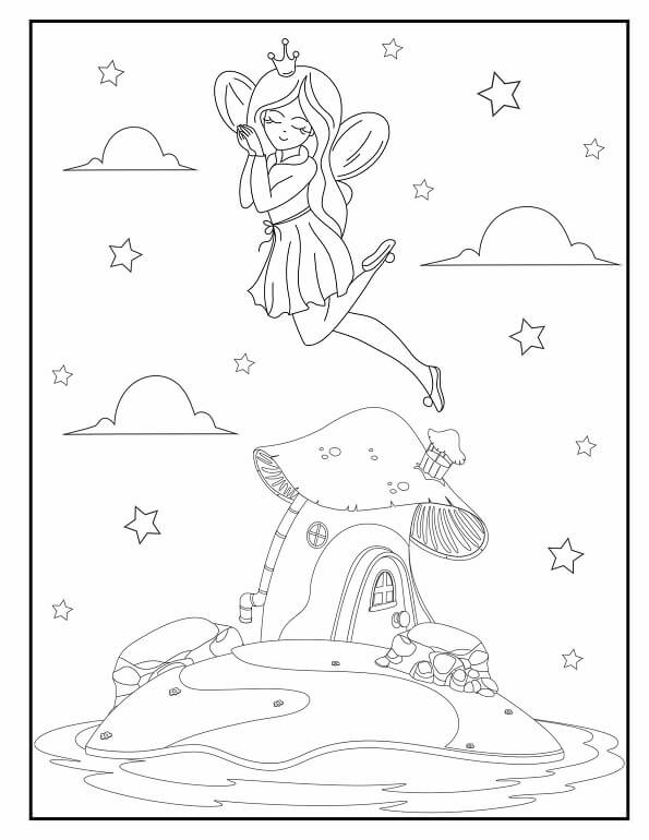 Free printable sleeping fairy hovering over a mushroom house coloring page for kids. Download PDF.