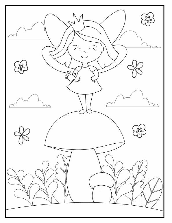 Free printable smiling fairy princess standing atop a large mushroom coloring page for kids. Download PDF.
