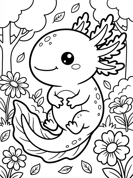 Free printable axolotl on big leaf with daisies coloring page for kids. Download PDF.