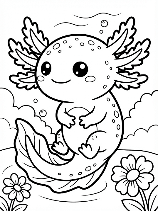 Free printable cute underwater axolotl with bubbles coloring page for kids. Download PDF.