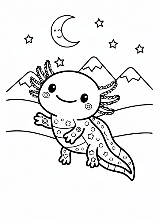 Free printable dreamy axolotl night sky moon mountains coloring page for kids. Download PDF.
