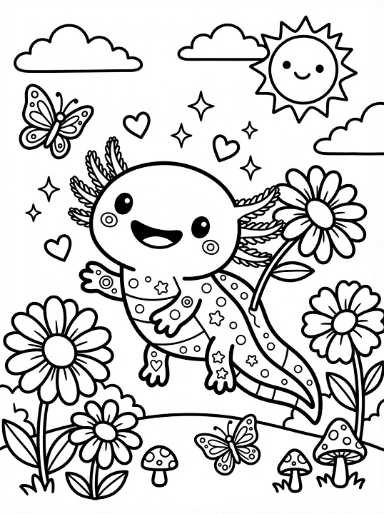 Free printable happy kawaii axolotl flowers butterflies coloring page for kids. Download PDF.