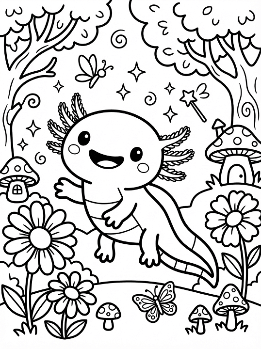 Free printable magical forest axolotl mushrooms wand coloring page for kids. Download PDF.