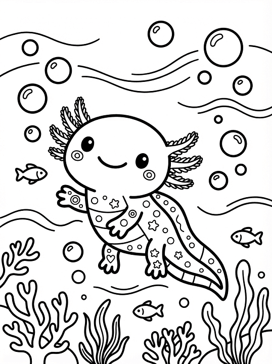 Free printable playful axolotl underwater fish coral coloring page for kids. Download PDF.
