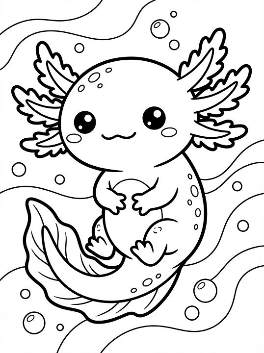 Free printable smiling axolotl in wavy water bubbles coloring page for kids. Download PDF.