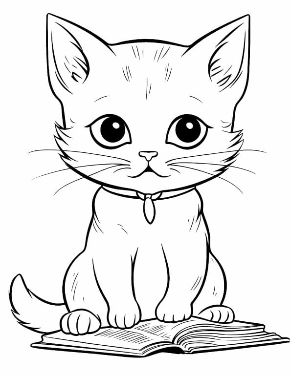 Free printable adorable kitten reading book cat coloring page for kids. Download PDF.