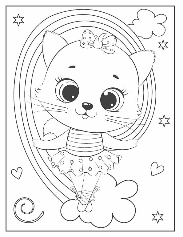 Free printable ballerina cat dancing on rainbow coloring page for kids. Download PDF.