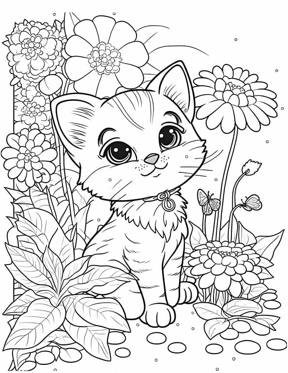 Free printable cute kitten in flower garden cat coloring page for kids. Download PDF.