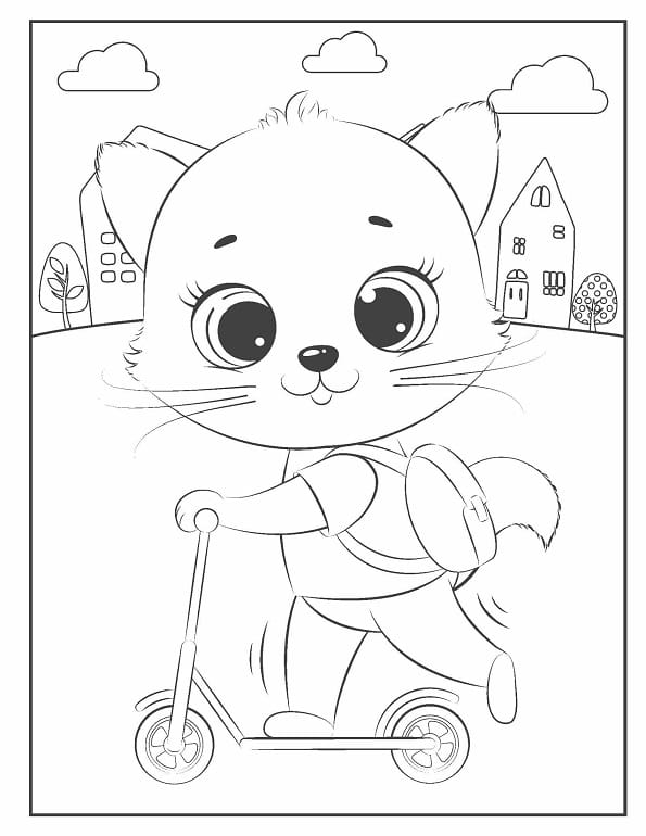 Free printable cute kitten on scooter with backpack cat coloring page for kids. Download PDF.