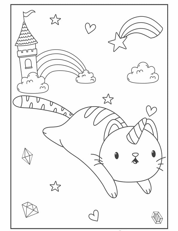 Free printable flying unicorn cat with castle rainbow coloring page for kids. Download PDF.