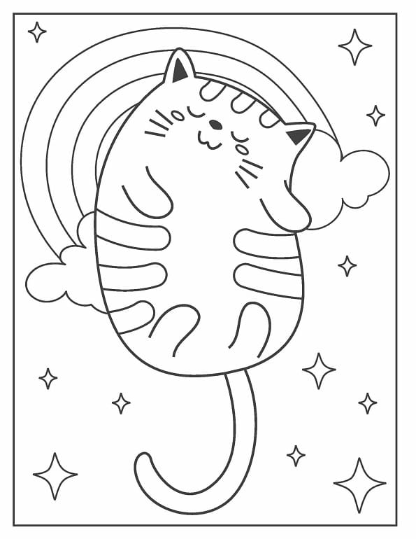 Free printable happy cat stretching on rainbow coloring page for kids. Download PDF.