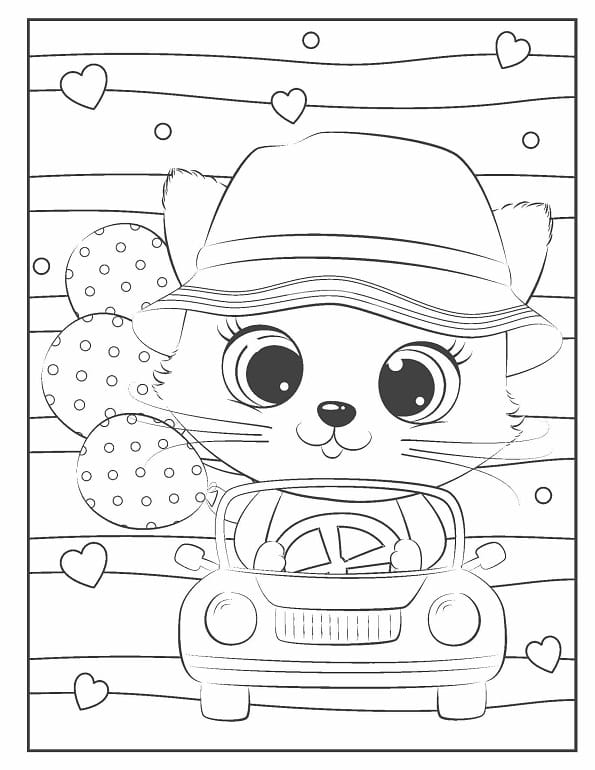 Free printable kawaii cat driving car with hat coloring page for kids. Download PDF.