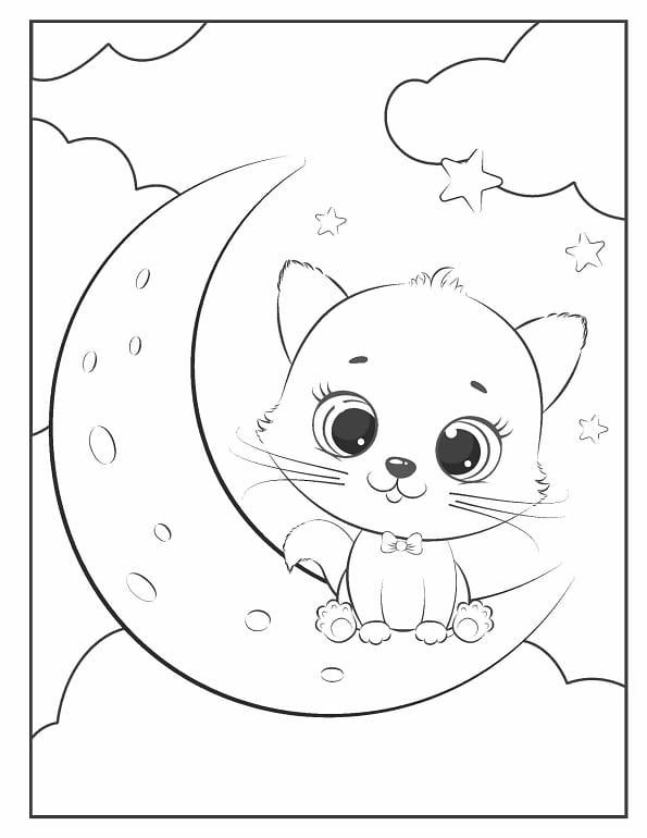 Free printable kitten sitting on moon with bow cat coloring page for kids. Download PDF.