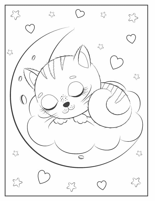Free printable sleeping cat on crescent moon coloring page for kids. Download PDF.
