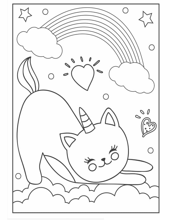 Free printable unicorn cat lying under rainbow coloring page for kids. Download PDF.