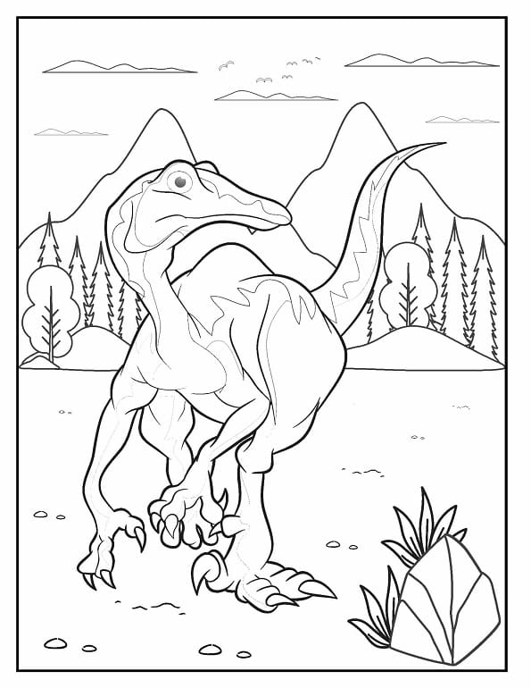 Free printable alert velociraptor looking back against a mountain and pine forest backdrop dinosaur coloring page for kids. Download PDF.