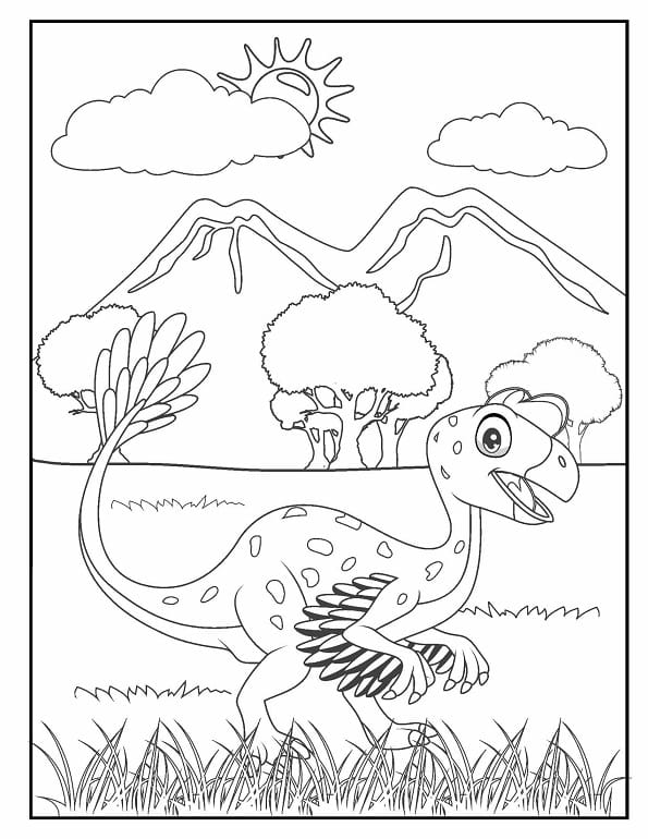 Free printable cute feathered velociraptor in a meadow with distant volcanoes dinosaur coloring page for kids. Download PDF.