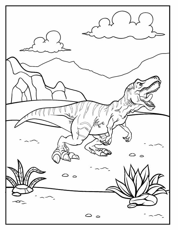 Free printable fierce striped tyrannosaurus rex roaring in a desert environment dinosaur coloring page for kids. Download PDF.