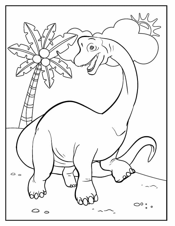 Free printable friendly brontosaurus standing by a tropical palm tree dinosaur coloring page for kids. Download PDF.