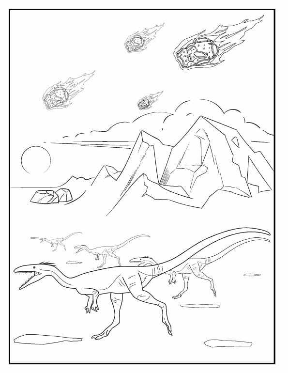 Free printable gallimimus running from meteors dinosaur coloring page for kids. Download PDF.