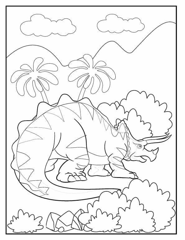 Free printable horned triceratops in the jungle dinosaur coloring page for kids. Download PDF.