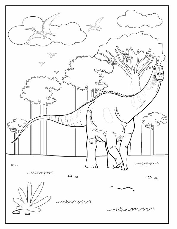 Free printable majestic long necked brachiosaurus in a prehistoric forest setting dinosaur coloring page for kids. Download PDF.