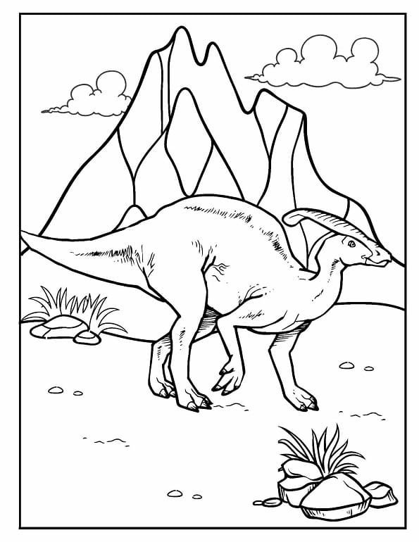 Free printable parasaurolophus near mountains dinosaur coloring page for kids. Download PDF.
