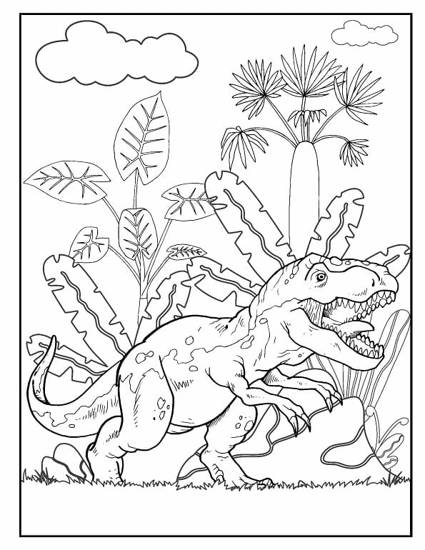 Free printable patterned t rex surrounded by lush prehistoric jungle foliage dinosaur coloring page for kids. Download PDF.