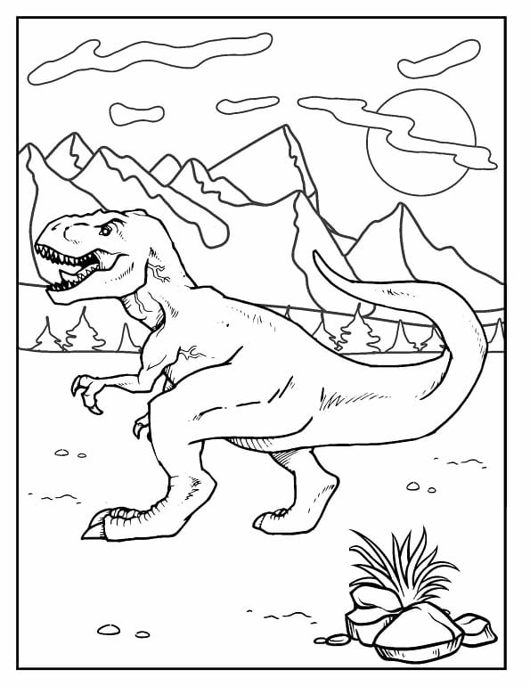 Free printable realistic tyrannosaurus rex walking in front of mountain ranges dinosaur coloring page for kids. Download PDF.