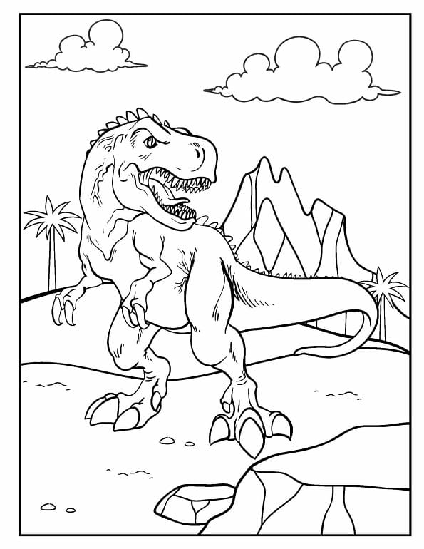 Free printable roaring t rex with prehistoric volcano landscape dinosaur coloring page for kids. Download PDF.