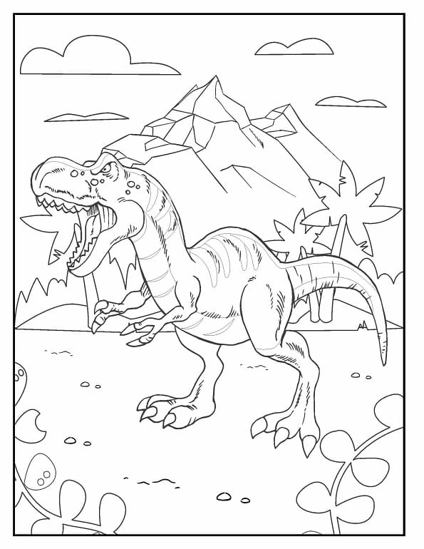 Free printable roaring t rex with volcano background dinosaur coloring page for kids. Download PDF.