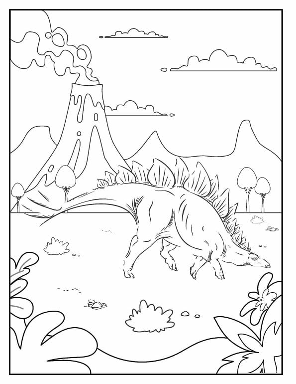 Free printable stegosaurus near erupting volcano dinosaur coloring page for kids. Download PDF.