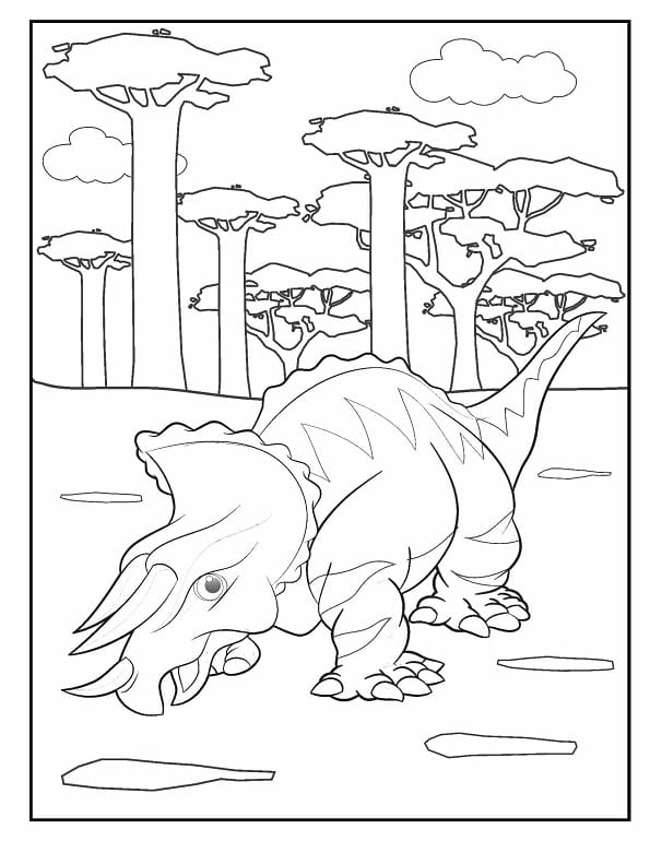 Free printable triceratops and baobab trees dinosaur coloring page for kids. Download PDF.