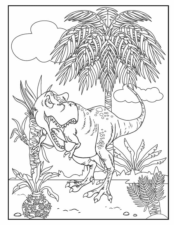 Free printable tyrannosaurus rex by palm tree dinosaur coloring page for kids. Download PDF.