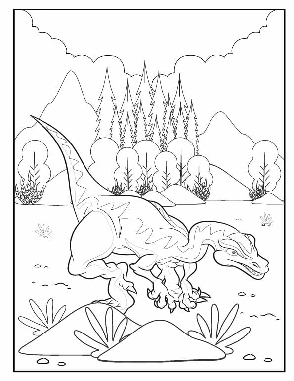Free printable velociraptor in the forest dinosaur coloring page for kids. Download PDF.